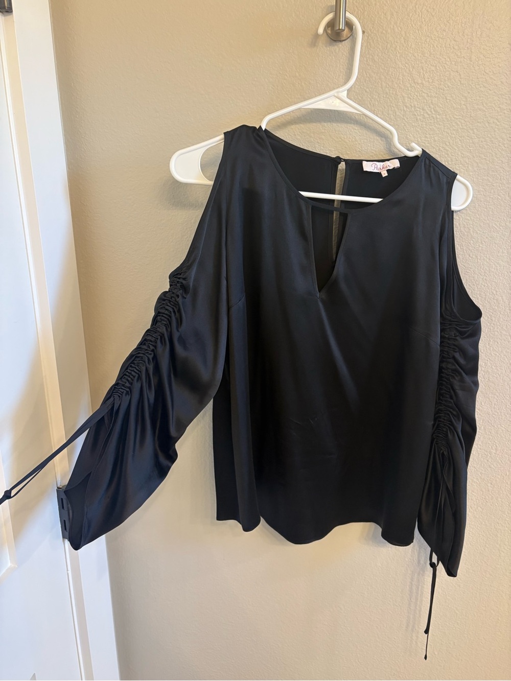 Parker Black Cold-Shoulder Ruched-Sleeve Blouse